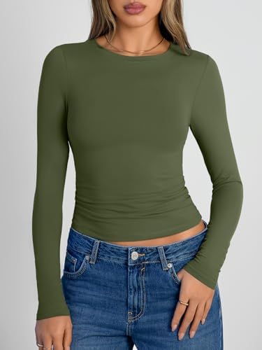 Trendy Queen Womens Long Sleeve Shirts Crop Tops Fall Fashion 2025 Going Out Basic Winter Clothes