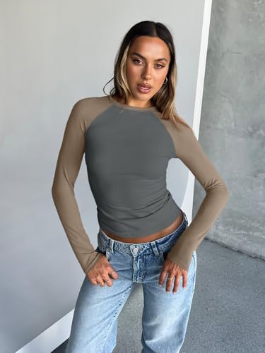 Trendy Queen Women's Long Sleeve Shirts Slim Fit Stretchy Color Block Slightly Cropped Tops