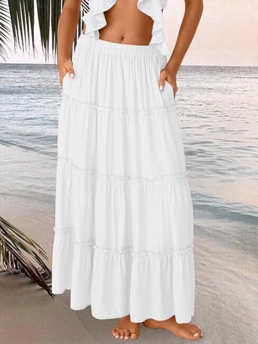 Trendy Queen Long Skirts for Women Boho Maxi Skirt Summer Swing Tiered A-Line Elastic High Waist Dress with Pockets Fashion