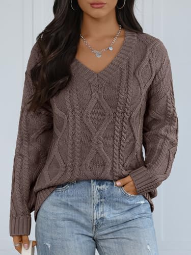 Trendy Queen Oversized Cable Knit Sweaters for Women 2025 Cozy Pullover Knit Fall Outfits V Neck Cute Winter Clothing