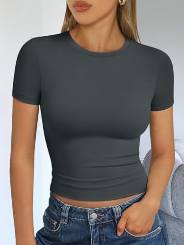 Trendy Queen Womens Short Sleeve T Shirts Summer Crop Tops Basic Slim Fit Gym Workout Y2k Clothes