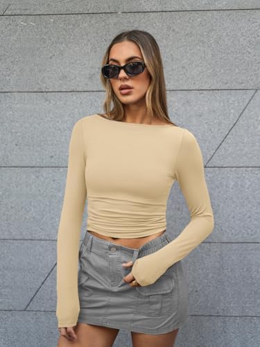 Trendy Queen Women's Boat Neck Tops Long Sleeve Shirts Casual Fitted Tee Shirts Solid Color Fall Basic Clothes 2025