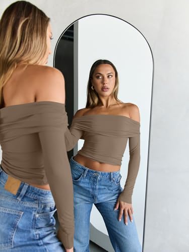 Trendy Queen Women Long Sleeve Shirts Off Shoulder Tops Going Out Crop Sexy Slim Fitted Y2K Fall Outfits 2025 Fashion Clothes