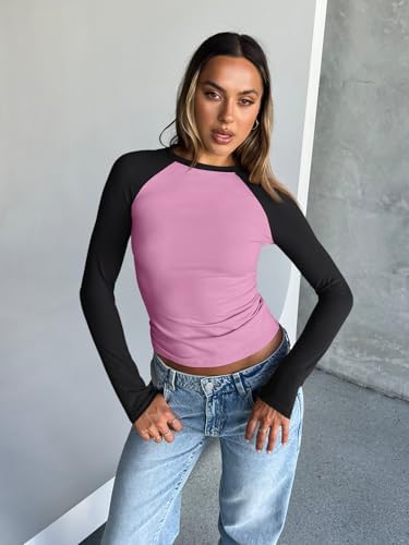 Trendy Queen Women's Long Sleeve Shirts Slim Fit Stretchy Color Block Slightly Cropped Tops