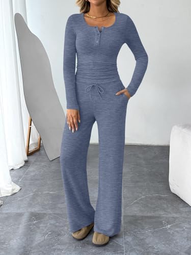 Trendy Queen Women's 2 Piece Matching Lounge Sets Fall Fashion Outfits Henley Neck Sweater Top Wide Leg Pants Sweat Suits