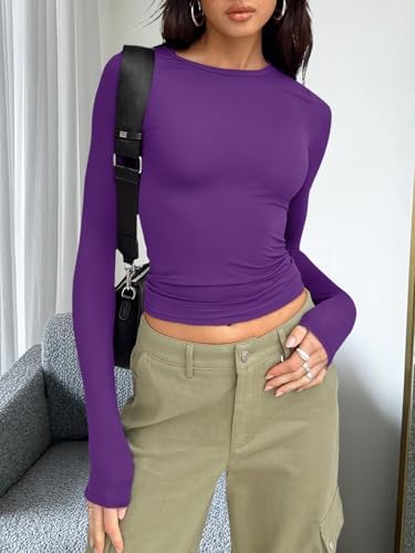 Trendy Queen Womens Long Sleeve T Shirts Fall Fashion 2025 Basic Crop Tops Going Out Outfits Y2k Clothes