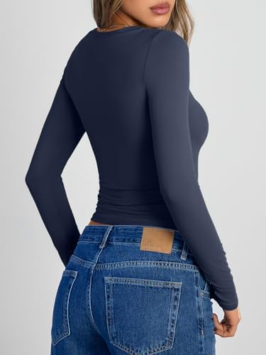 Trendy Queen Womens Long Sleeve Shirts Crop Tops Fall Fashion 2025 Going Out Basic Winter Clothes