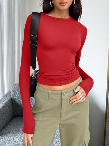 Trendy Queen Womens Long Sleeve T Shirts Fall Fashion 2025 Basic Crop Tops Going Out Outfits Y2k Clothes