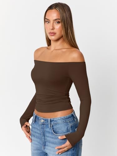 Trendy Queen Womens Long Sleeve Off The Shoulder Tops Going Out Cute Basic Y2K Fall Fashion 2025 Outfits Clothes