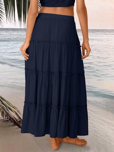 Trendy Queen Long Skirts for Women Boho Maxi Skirt Summer Swing Tiered A-Line Elastic High Waist Dress with Pockets Fashion