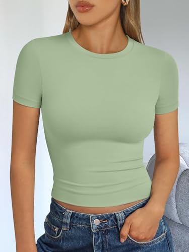 Trendy Queen Womens Short Sleeve T Shirts Summer Crop Tops Basic Slim Fit Gym Workout Y2k Clothes