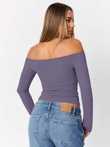 Trendy Queen Womens Long Sleeve Off The Shoulder Tops Going Out Cute Basic Y2K Fall Fashion 2025 Outfits Clothes