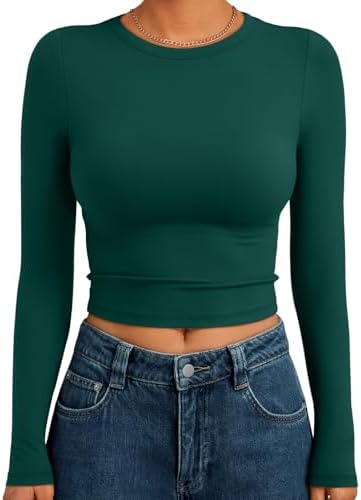 Trendy Queen Womens Long Sleeve Crop Tops Basic Slim Fitted Shirts Fashion 2025 Going Out Y2k Tops Teen Girl Clothes