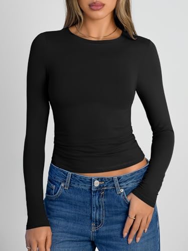 Trendy Queen Womens Long Sleeve Shirts Crop Tops Fall Fashion 2025 Going Out Basic Winter Clothes