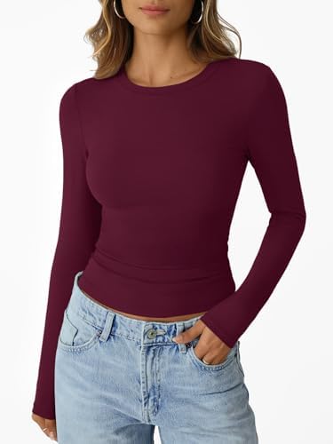 Trendy Queen Womens Long Sleeve T-Shirts Basic Crop Tops 2025 Fall Fashion Outfits Going Out Winter Clothes