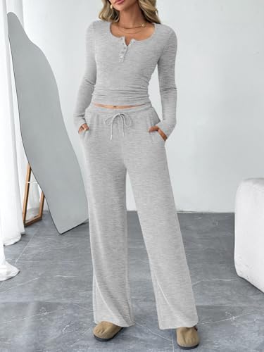 Trendy Queen Women's 2 Piece Matching Lounge Sets Fall Fashion Outfits Henley Neck Sweater Top Wide Leg Pants Sweat Suits