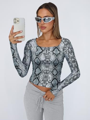 Trendy Queen Womens Long Sleeve Shirts Crop Tops Fall Fashion 2025 Square Neck Going Out Basics Tees Y2k Clothes