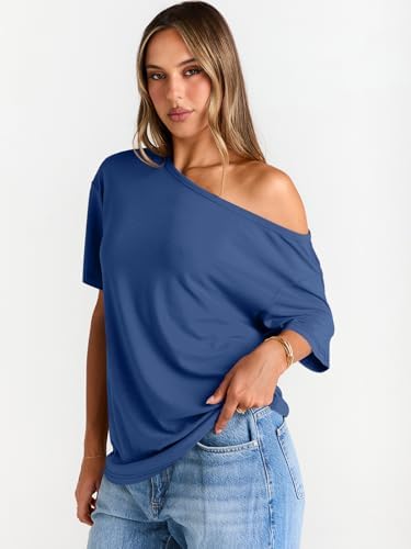 Trendy Queen Womens Off The Shoulder Tops Oversized T-Shirts Short Sleeve Tees Summer 2025 Casual Spring Fashion Clothes