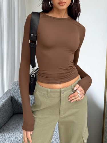 Trendy Queen Womens Long Sleeve T Shirts Fall Fashion 2025 Basic Crop Tops Going Out Outfits Y2k Clothes