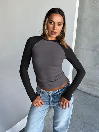 Trendy Queen Women's Long Sleeve Shirts Slim Fit Stretchy Color Block Slightly Cropped Tops