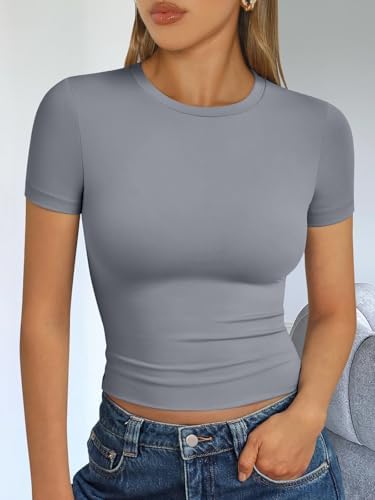 Trendy Queen Womens Short Sleeve T Shirts Summer Crop Tops Basic Slim Fit Gym Workout Y2k Clothes