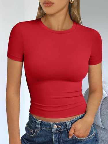 Trendy Queen Womens Short Sleeve T Shirts Summer Crop Tops Basic Slim Fit Gym Workout Y2k Clothes