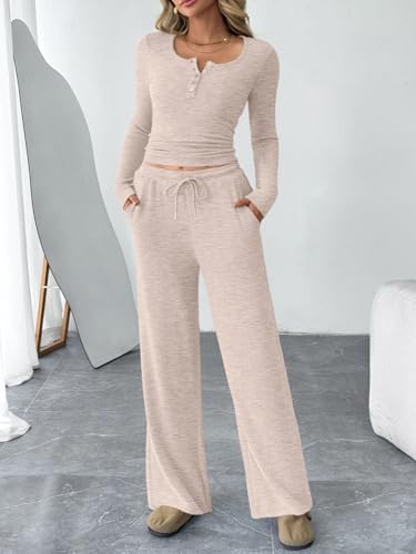 Trendy Queen Women's 2 Piece Matching Lounge Sets Fall Fashion Outfits Henley Neck Sweater Top Wide Leg Pants Sweat Suits
