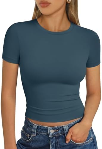 Trendy Queen Womens Short Sleeve T Shirts Summer Crop Tops Basic Slim Fit Gym Workout Y2k Clothes