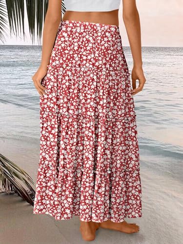 Trendy Queen Long Skirts for Women Boho Maxi Skirt Summer Swing Tiered A-Line Elastic High Waist Dress with Pockets Fashion