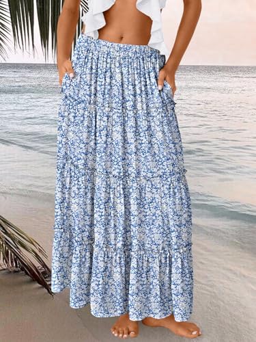 Trendy Queen Long Skirts for Women Boho Maxi Skirt Summer Swing Tiered A-Line Elastic High Waist Dress with Pockets Fashion