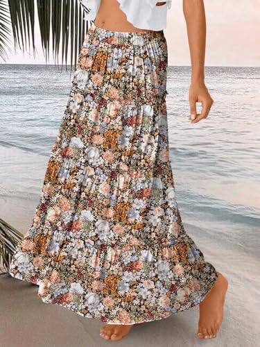 Trendy Queen Long Skirts for Women Boho Maxi Skirt Summer Swing Tiered A-Line Elastic High Waist Dress with Pockets Fashion