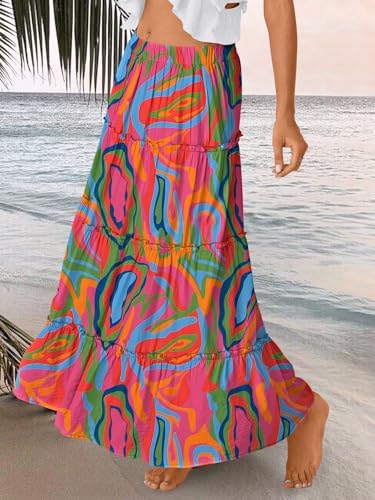 Trendy Queen Long Skirts for Women Boho Maxi Skirt Summer Swing Tiered A-Line Elastic High Waist Dress with Pockets Fashion