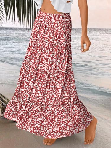 Trendy Queen Long Skirts for Women Boho Maxi Skirt Summer Swing Tiered A-Line Elastic High Waist Dress with Pockets Fashion