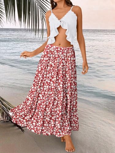 Trendy Queen Long Skirts for Women Boho Maxi Skirt Summer Swing Tiered A-Line Elastic High Waist Dress with Pockets Fashion