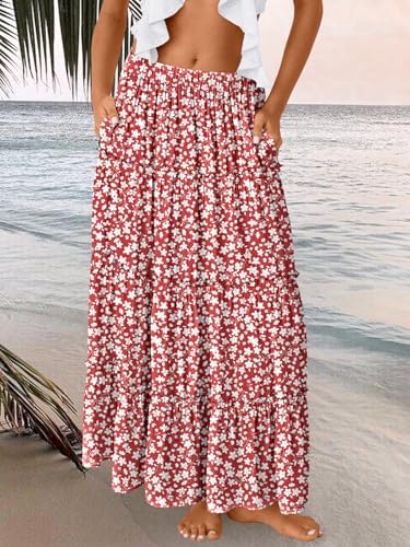 Trendy Queen Long Skirts for Women Boho Maxi Skirt Summer Swing Tiered A-Line Elastic High Waist Dress with Pockets Fashion