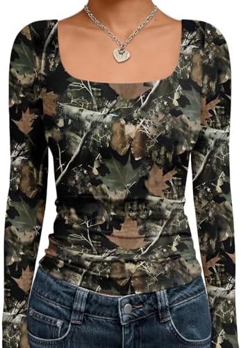 Trendy Queen Womens Long Sleeve Shirts Crop Tops Fall Fashion 2025 Square Neck Going Out Basics Tees Y2k Clothes