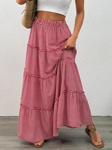Trendy Queen Long Skirts for Women Boho Maxi Skirt Summer Swing Tiered A-Line Elastic High Waist Dress with Pockets Fashion