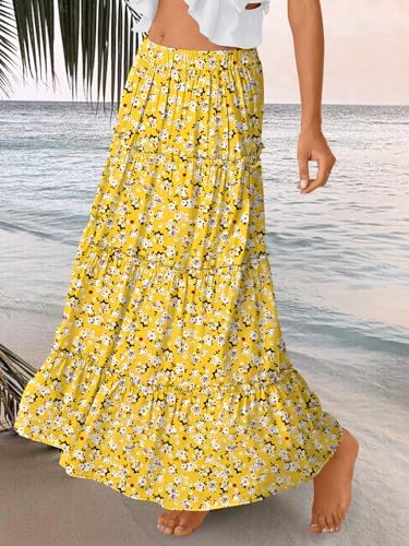 Trendy Queen Long Skirts for Women Boho Maxi Skirt Summer Swing Tiered A-Line Elastic High Waist Dress with Pockets Fashion