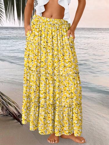 Trendy Queen Long Skirts for Women Boho Maxi Skirt Summer Swing Tiered A-Line Elastic High Waist Dress with Pockets Fashion