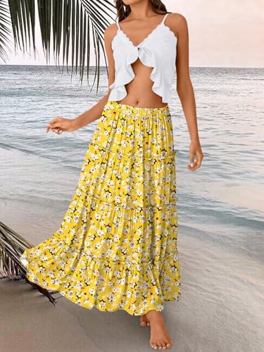 Trendy Queen Long Skirts for Women Boho Maxi Skirt Summer Swing Tiered A-Line Elastic High Waist Dress with Pockets Fashion
