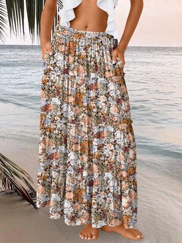 Trendy Queen Long Skirts for Women Boho Maxi Skirt Summer Swing Tiered A-Line Elastic High Waist Dress with Pockets Fashion