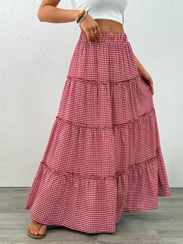 Trendy Queen Long Skirts for Women Boho Maxi Skirt Summer Swing Tiered A-Line Elastic High Waist Dress with Pockets Fashion