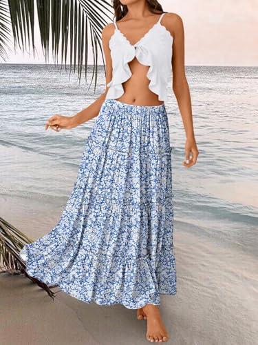 Trendy Queen Long Skirts for Women Boho Maxi Skirt Summer Swing Tiered A-Line Elastic High Waist Dress with Pockets Fashion