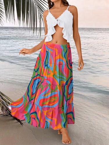 Trendy Queen Long Skirts for Women Boho Maxi Skirt Summer Swing Tiered A-Line Elastic High Waist Dress with Pockets Fashion