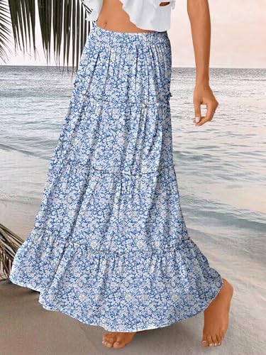 Trendy Queen Long Skirts for Women Boho Maxi Skirt Summer Swing Tiered A-Line Elastic High Waist Dress with Pockets Fashion
