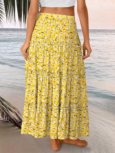 Trendy Queen Long Skirts for Women Boho Maxi Skirt Summer Swing Tiered A-Line Elastic High Waist Dress with Pockets Fashion