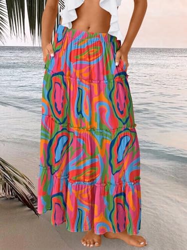 Trendy Queen Long Skirts for Women Boho Maxi Skirt Summer Swing Tiered A-Line Elastic High Waist Dress with Pockets Fashion