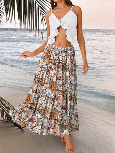 Trendy Queen Long Skirts for Women Boho Maxi Skirt Summer Swing Tiered A-Line Elastic High Waist Dress with Pockets Fashion