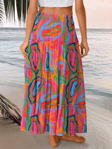 Trendy Queen Long Skirts for Women Boho Maxi Skirt Summer Swing Tiered A-Line Elastic High Waist Dress with Pockets Fashion