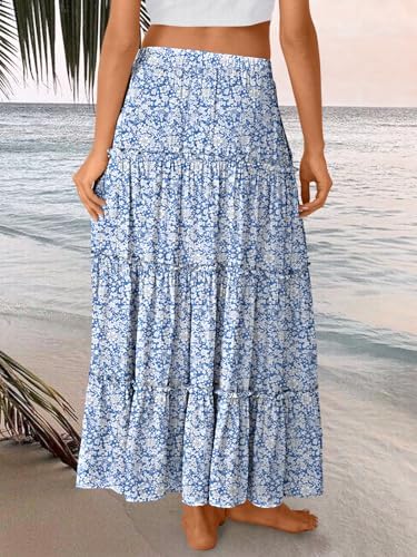 Trendy Queen Long Skirts for Women Boho Maxi Skirt Summer Swing Tiered A-Line Elastic High Waist Dress with Pockets Fashion